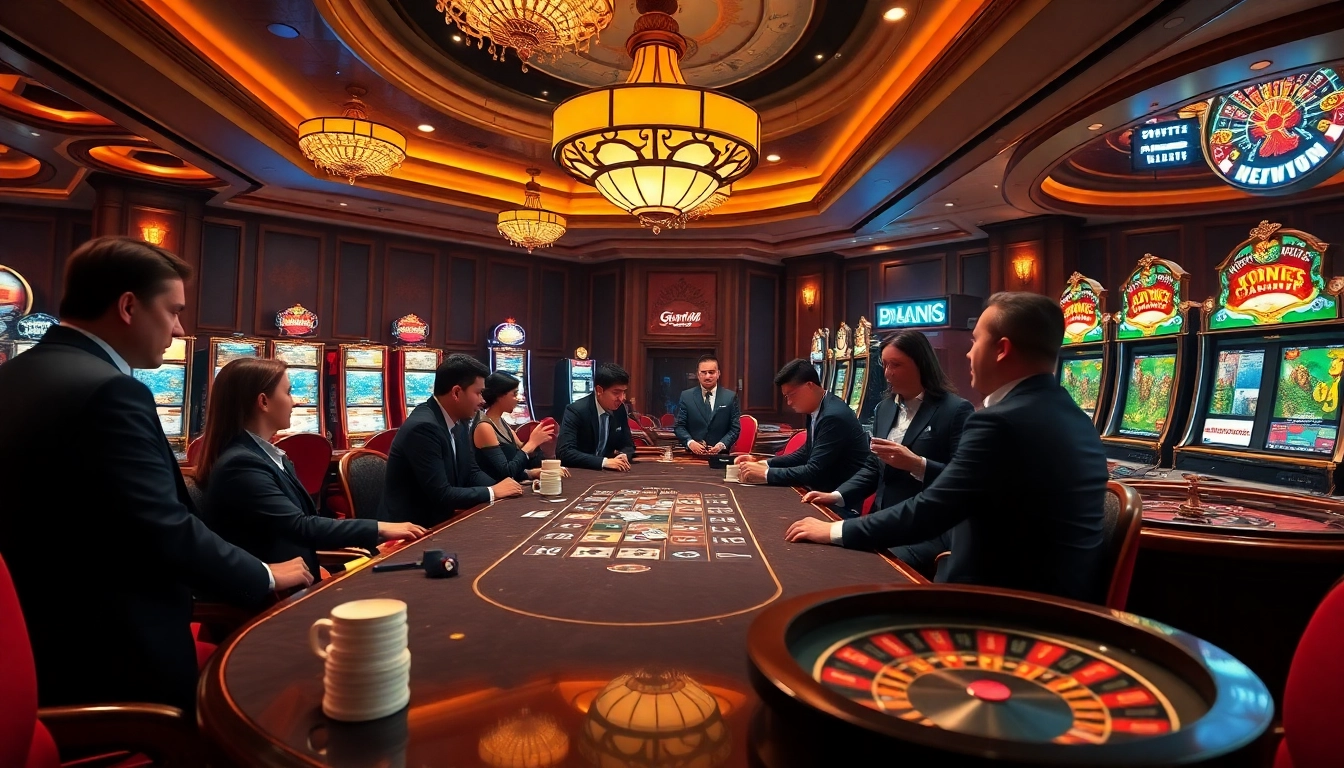 Engaged gamblers enjoying high-stakes games at GA888 casino with vibrant slot machines.