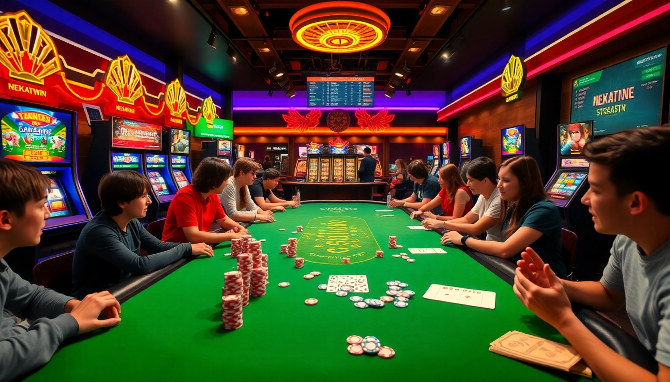 Engaging NEKATWIN online gambling scene with excited players at a vibrant gaming table.