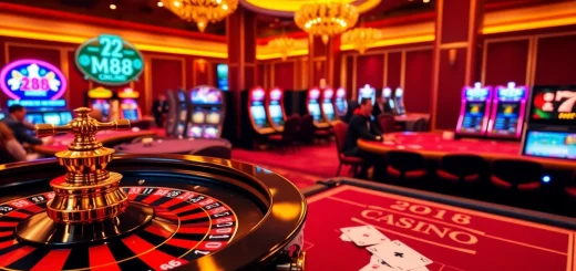 An exciting m88 casino scene with roulette, poker tables, and slot machines inviting gamblers for a thrilling experience.
