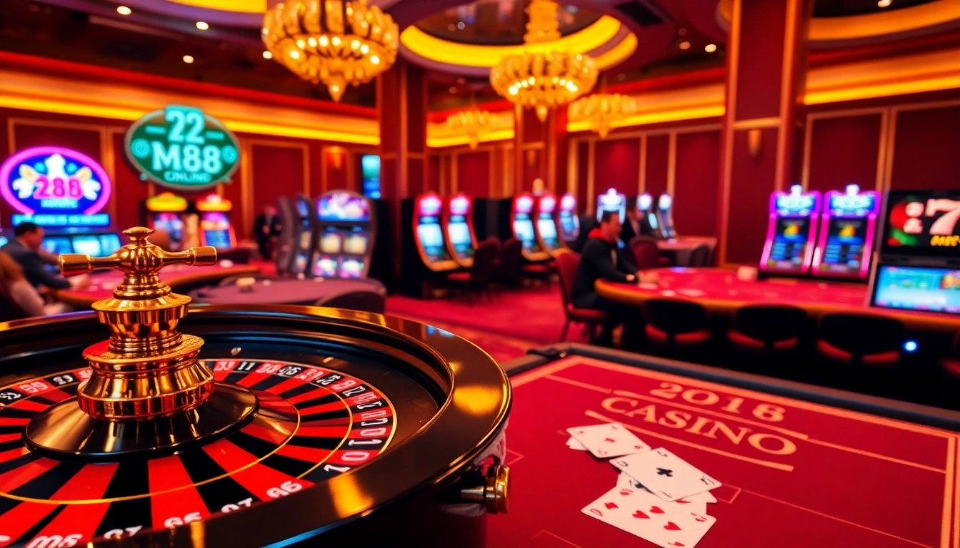 An exciting m88 casino scene with roulette, poker tables, and slot machines inviting gamblers for a thrilling experience.