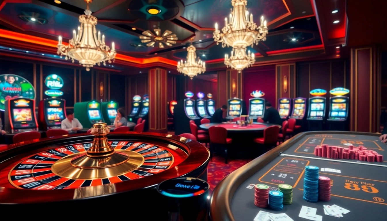 Players enjoying a vibrant gaming session at 88i casino with lively tables and bright slot machines.