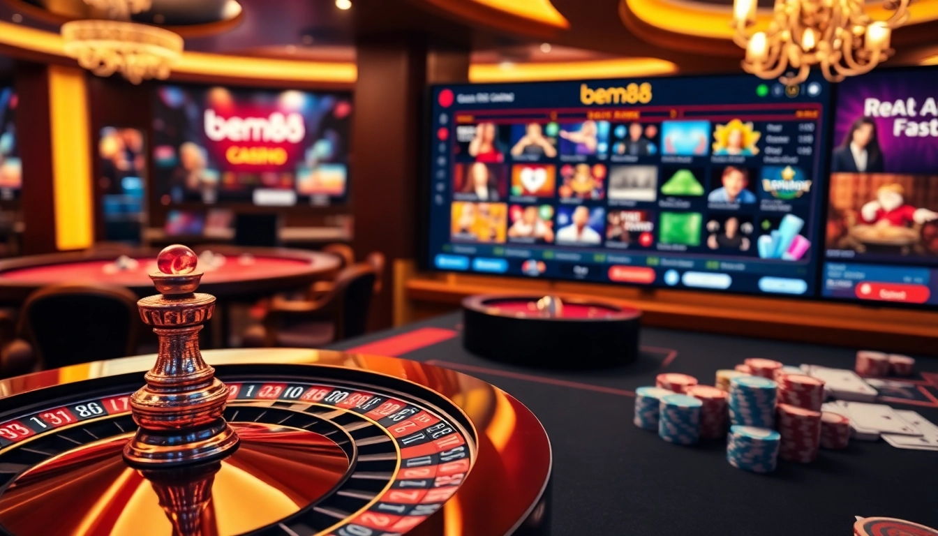 Experience the thrill of bem88 with a luxurious casino setting featuring roulette and poker chips.