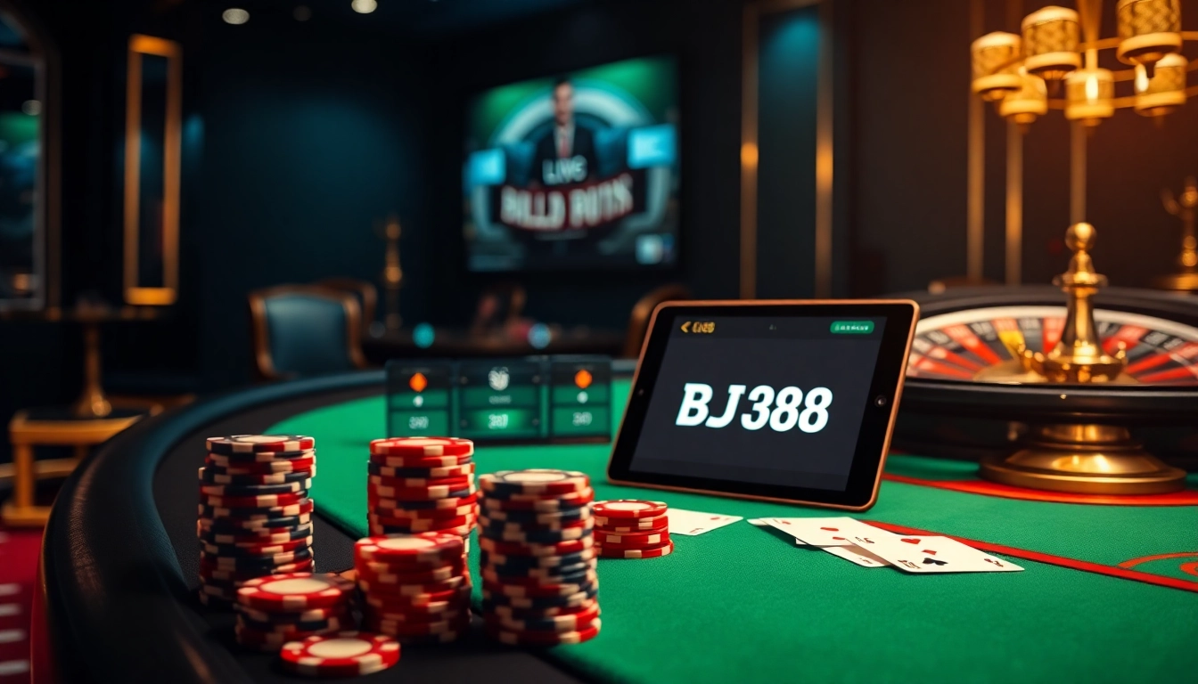 This vivid illustration showcases a luxurious BJ388 online gambling scene complete with a spinning roulette wheel and poker chips.
