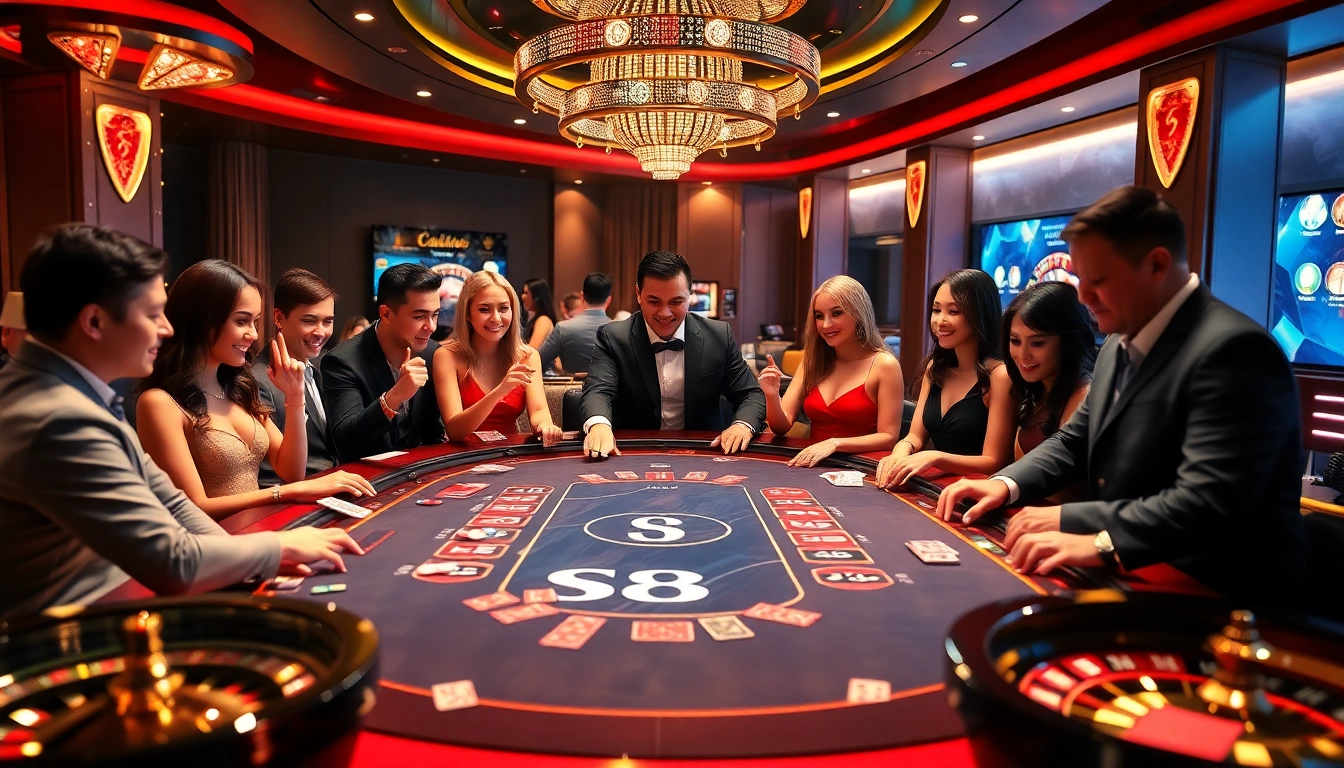 S8 branded poker table with players engaged in games, showcasing a vibrant casino atmosphere