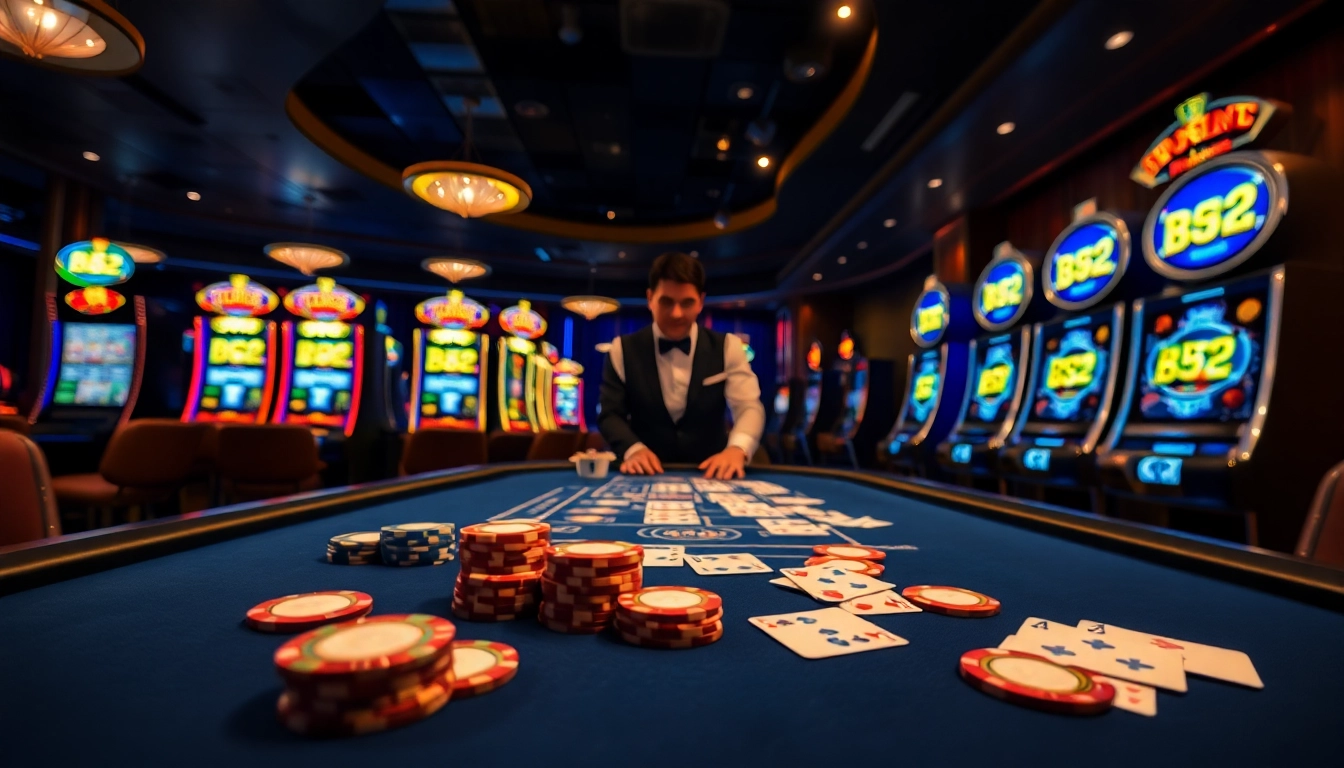 Experience the thrill of a B52-themed poker game with vibrant chips and dramatic casino lighting.