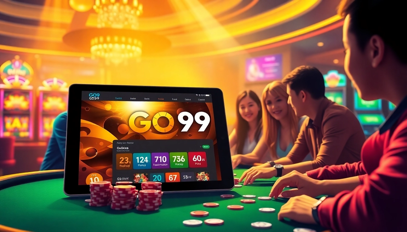 Vibrant GO99 online gambling interface amid a lively casino poker scene.
