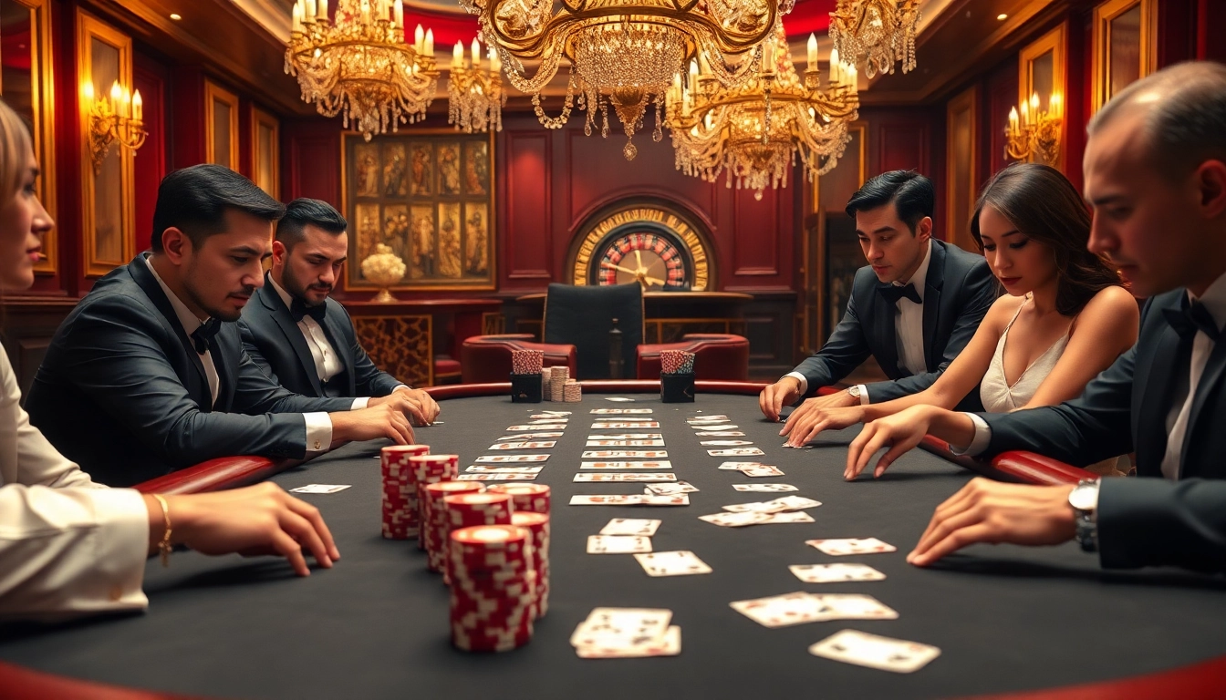 HAY88 players engage in a high-stakes poker game showcasing luxury and excitement.