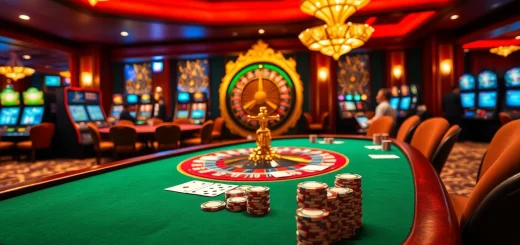 Experience king88 excitement with vibrant casino tables, chips, and roulette wheels in a luxurious setting.
