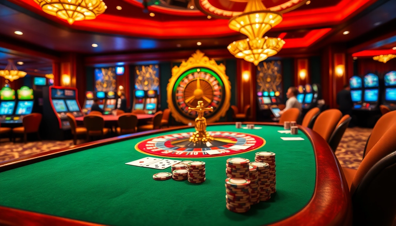 Experience king88 excitement with vibrant casino tables, chips, and roulette wheels in a luxurious setting.