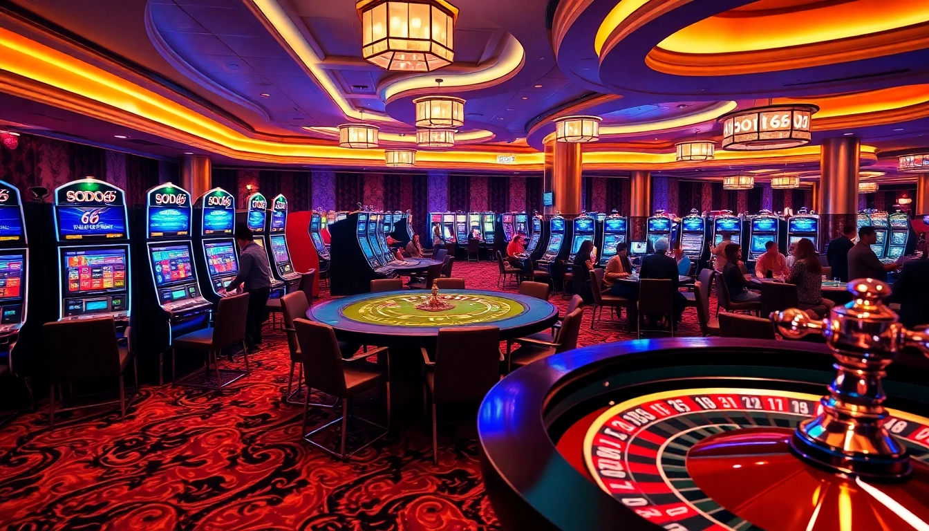 SODO66 gaming experience with elegant slot machines, excited players, and a luxurious atmosphere.