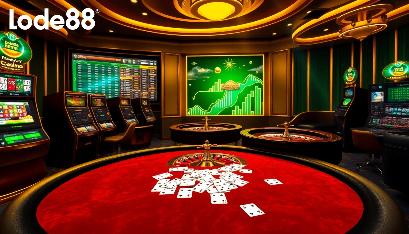 Engaging online gambling atmosphere highlighting lode88's vibrant casino experience with slot machines and poker.