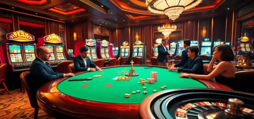 Gamers enjoying high stakes at a casino table at https://luck8r1.com, surrounded by vibrant slots and poker chips.