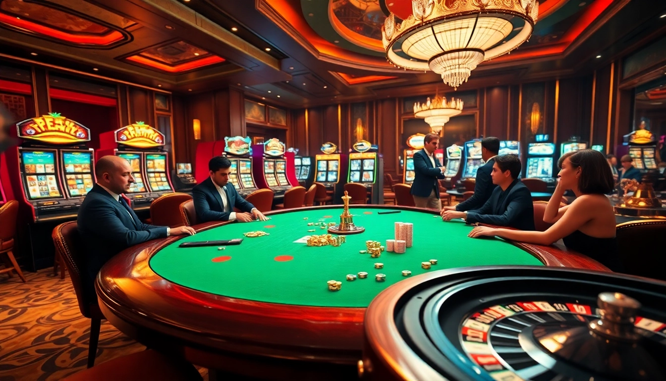 Gamers enjoying high stakes at a casino table at https://luck8r1.com, surrounded by vibrant slots and poker chips.