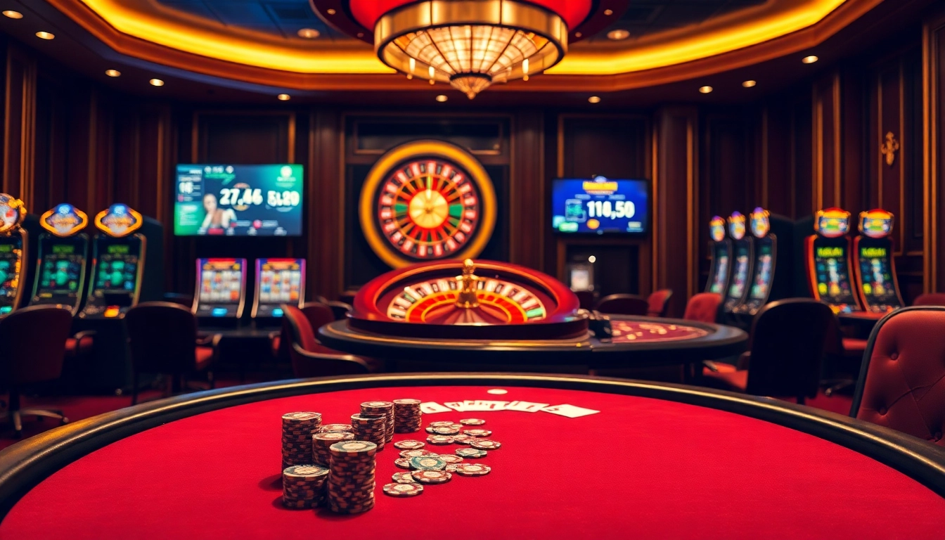 Exciting gambling action at a luxurious 68VIP casino setting with poker chips and roulette.