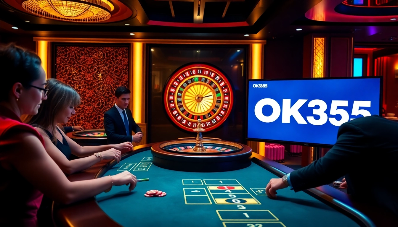 Exciting gambling action at OK365 casino with players enjoying poker and roulette.