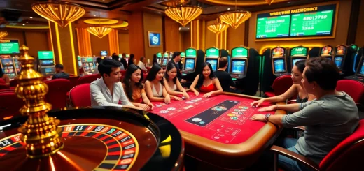 FEBET players excitedly engaging at a luxurious casino table amidst colorful chips.