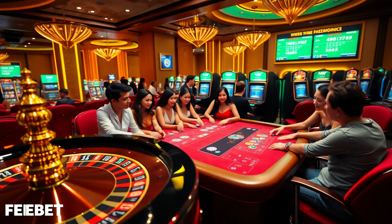 FEBET players excitedly engaging at a luxurious casino table amidst colorful chips.
