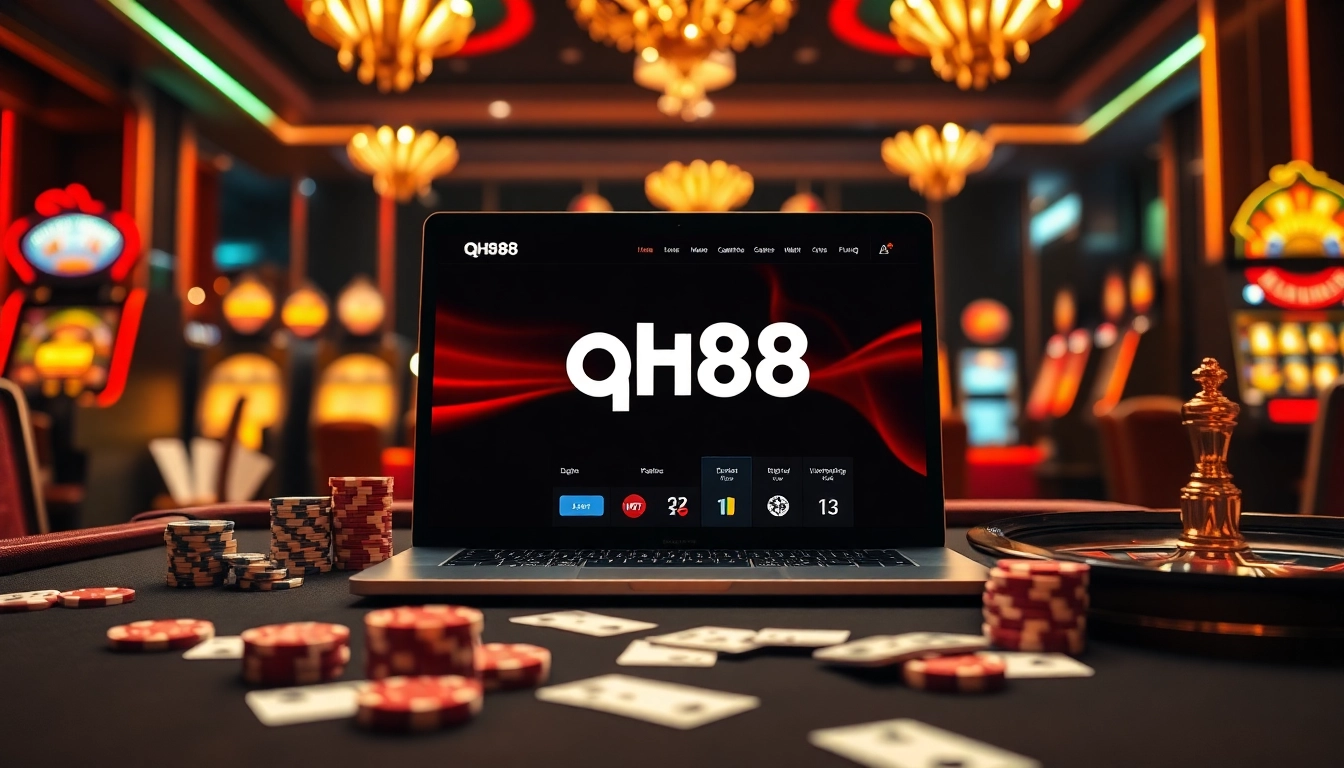 Gambling excitement at qh88 casino with poker chips and roulette wheel on display.