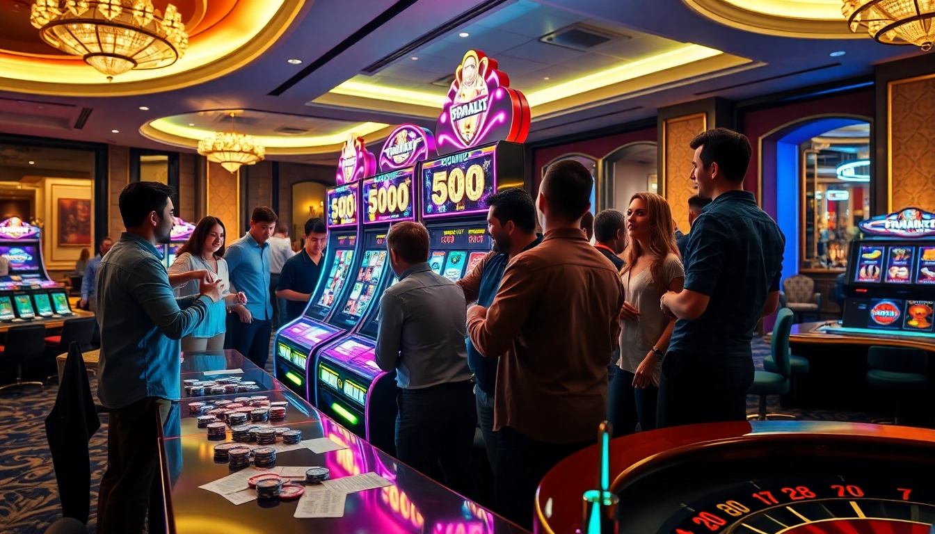 Experience the thrill of kerajaanslot with players celebrating wins at a glamorous casino.