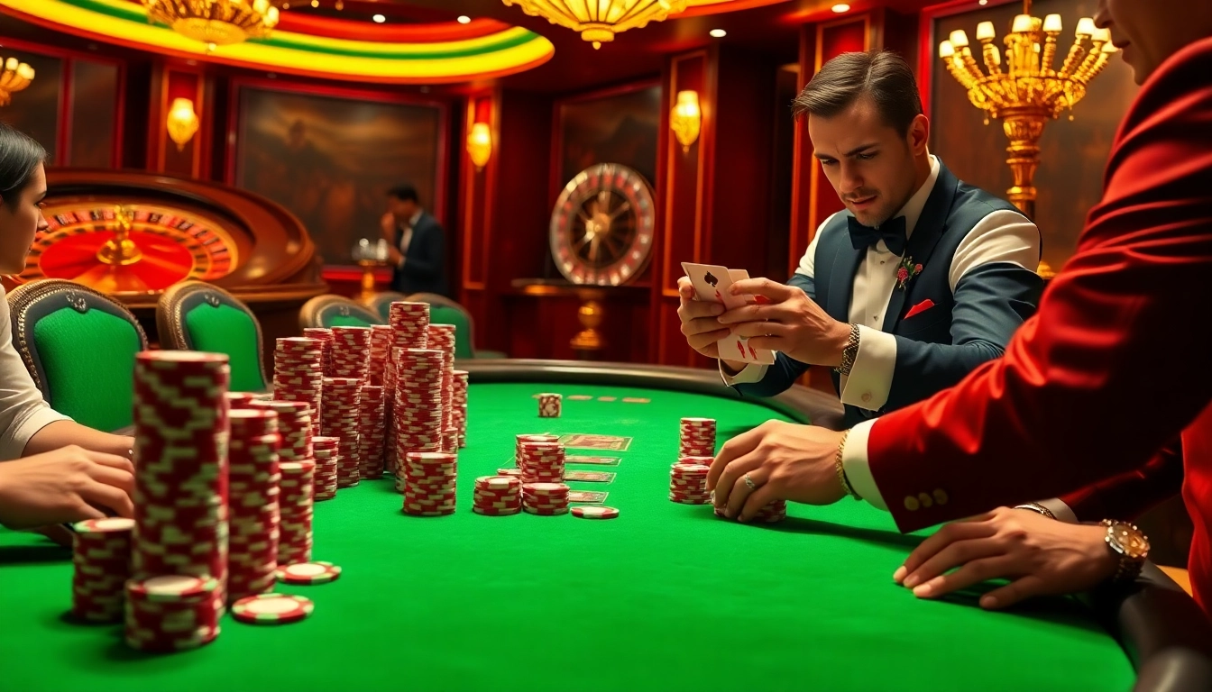Lazadatoto poker game scene with vibrant chips and professional dealer in luxurious casino atmosphere.