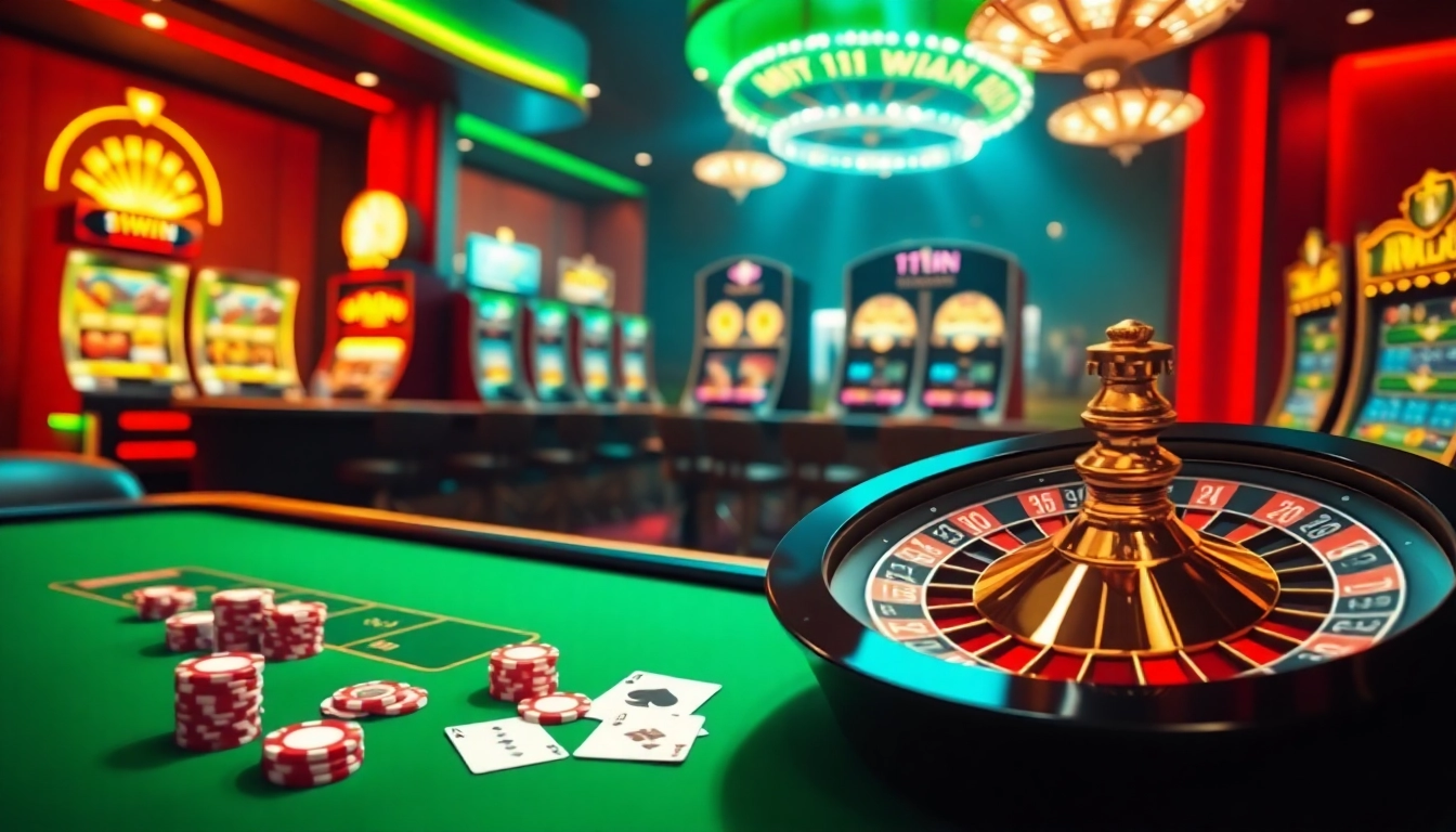 Experience the thrill of 11WIN at a luxurious casino table with vibrant poker chips and cards.