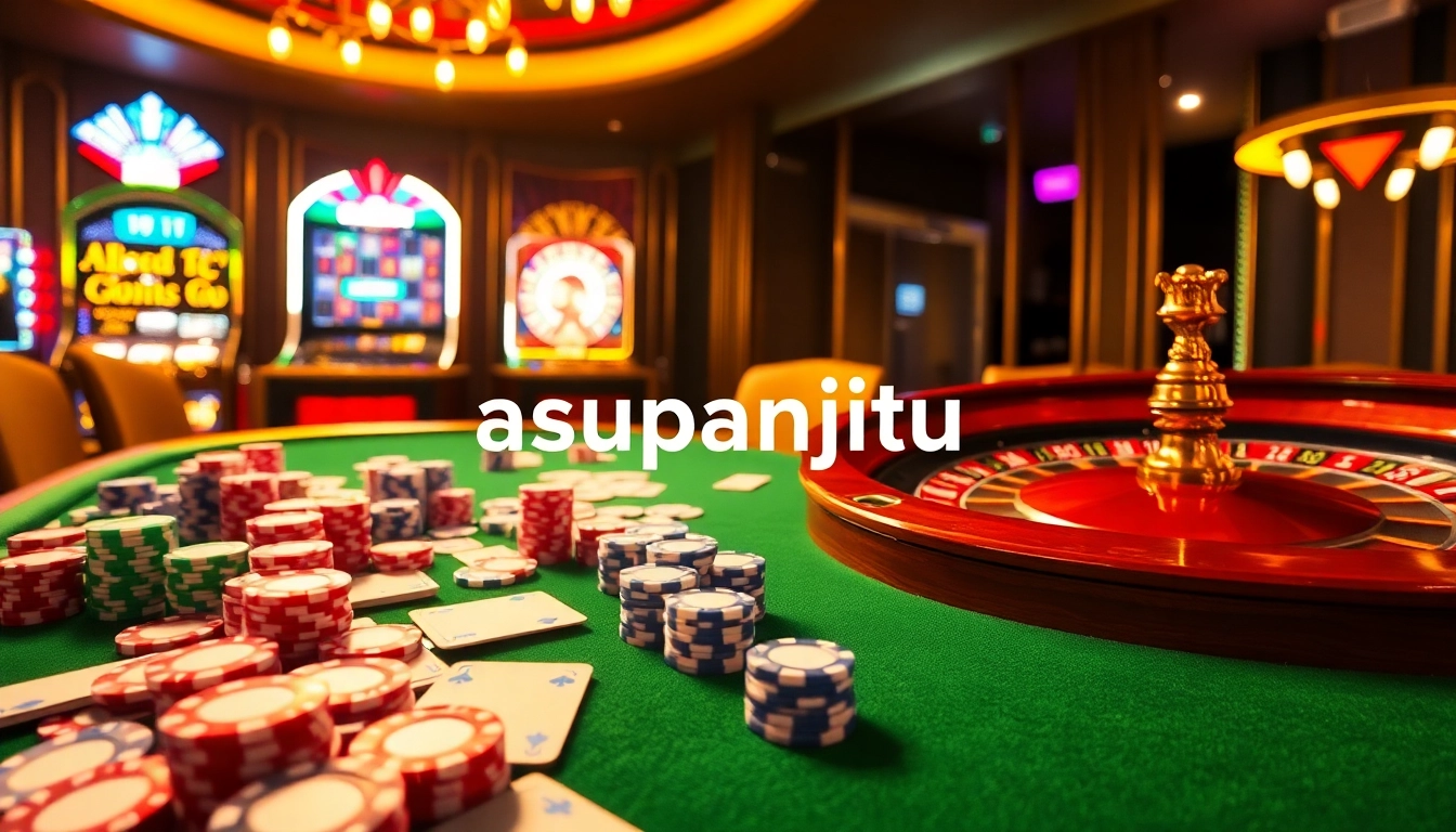 A thrilling casino setting showcasing the excitement of asupanjitu gaming with vibrant poker chips and glowing slot machines.