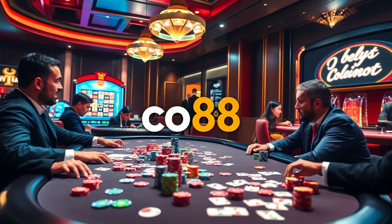 Players experiencing high-stakes excitement at a casino table featuring co88 poker chips and cards.