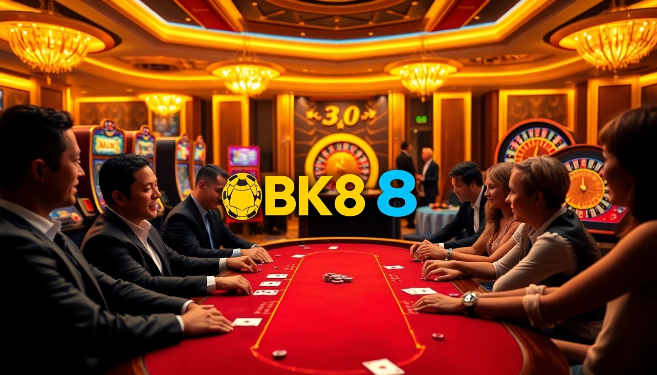 Engaging players enjoying thrilling BK8 casino games at a luxurious gaming table.