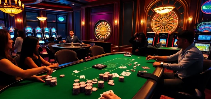 Experience thrilling poker at BL555 with vibrant casino tables and chips spread out.
