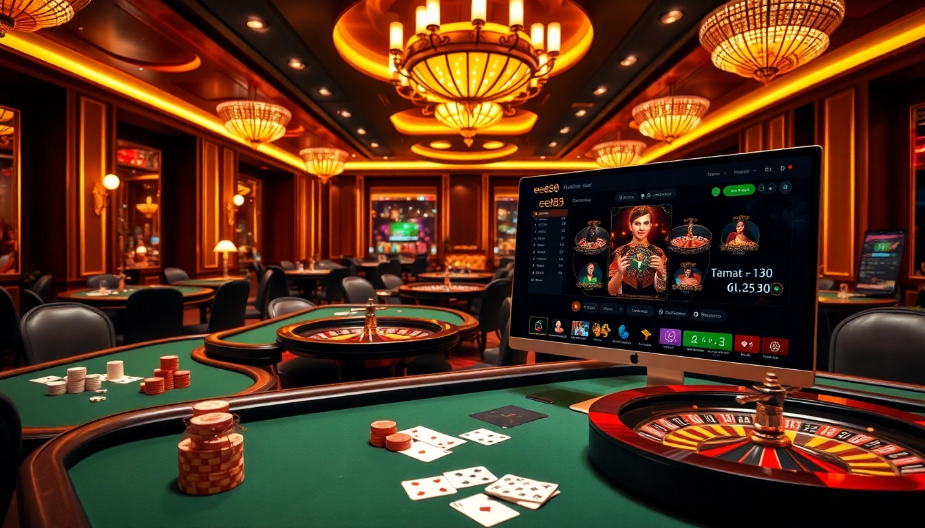 EE88 online gambling scene with casino games, poker chips, and roulette wheels.