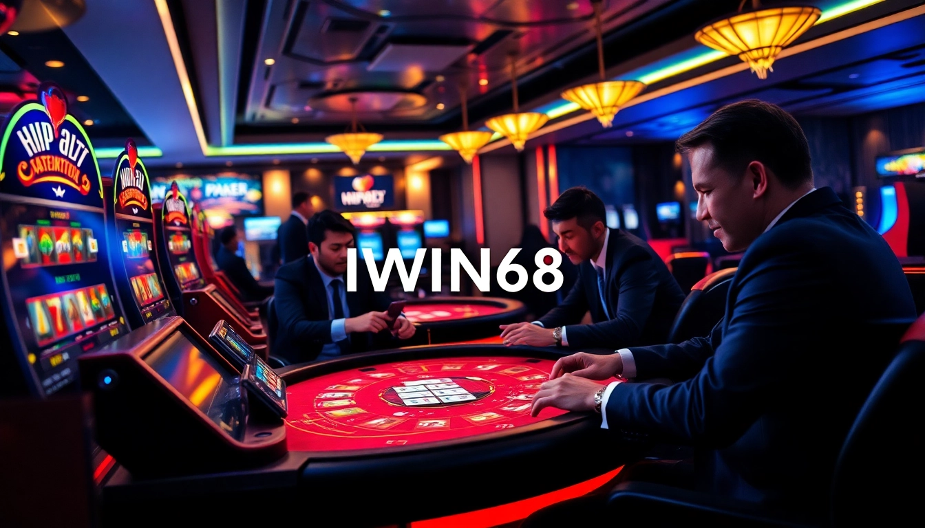IWIN68 online casino interface showcasing poker tables and slot machines.