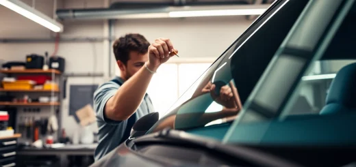 Window tinting Cleveland TN: Expert technician applying high-quality tint to a car windshield.