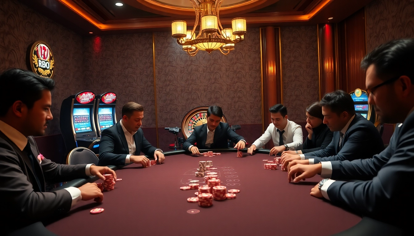 An intense poker game at a luxurious casino with elements of https://rr88.auction/ highlighting the excitement of online gambling.