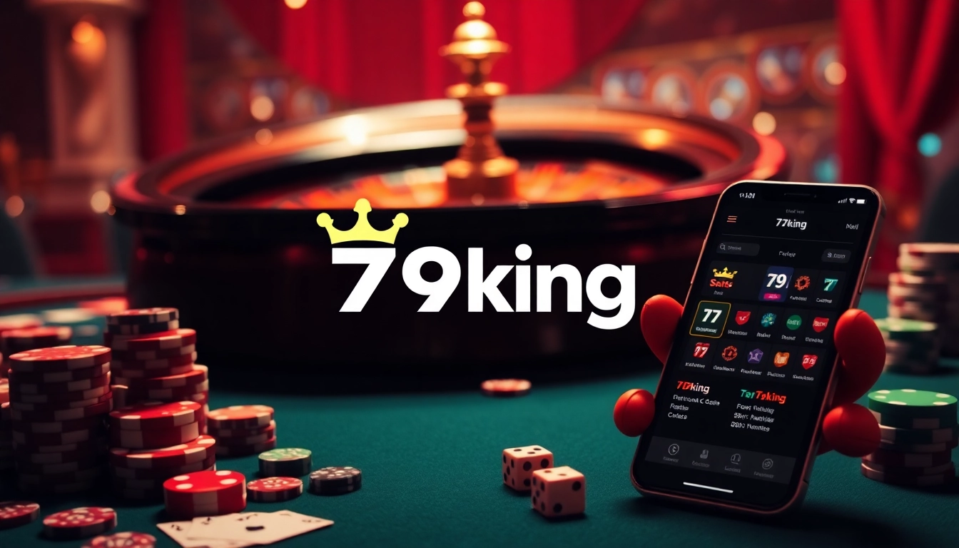 Gambling excitement captured with 79king logo amid casino elements like cards and chips.