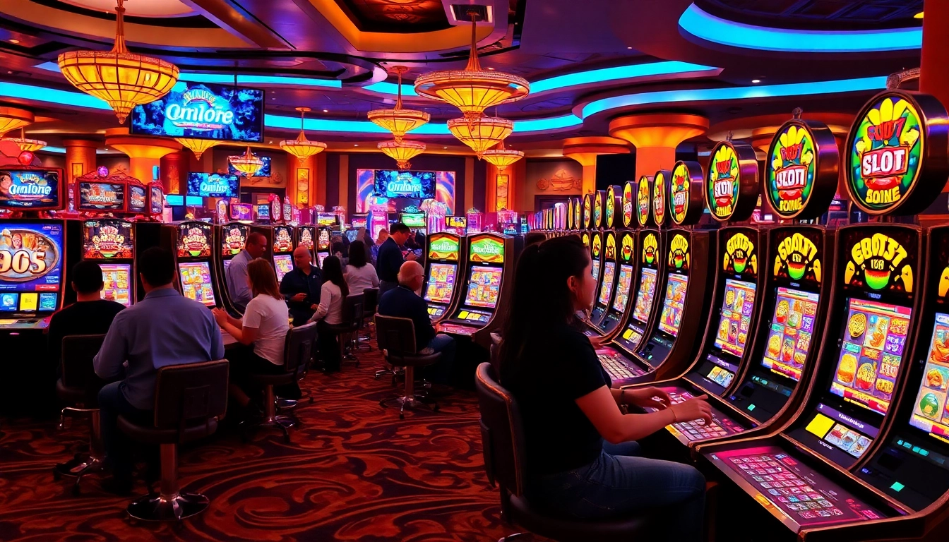Engaging players spin slot online machines in a vibrant casino atmosphere filled with color and excitement.