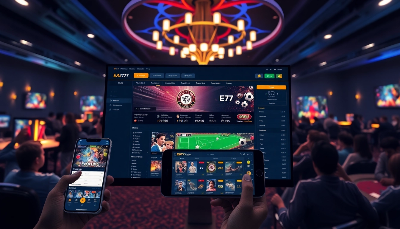 EA77 online gaming platform interface displaying vibrant betting options and live casino atmosphere.