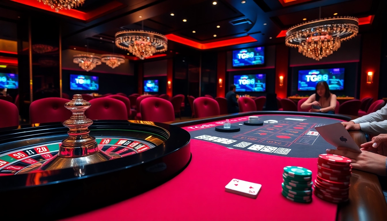 Action-packed casino scene with luxury gaming tables and TG88 branding.