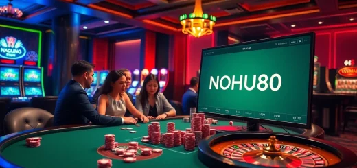 Navigating excitement at nhà cái NOHU90's luxurious casino gaming table with poker and roulette.