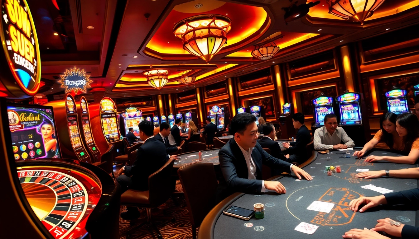 Bong88's vibrant casino scene with players at roulette and poker tables, showcasing excitement.