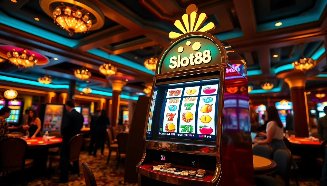 Engage with the slot88 machine at a vibrant casino, surrounded by luxury and excitement.