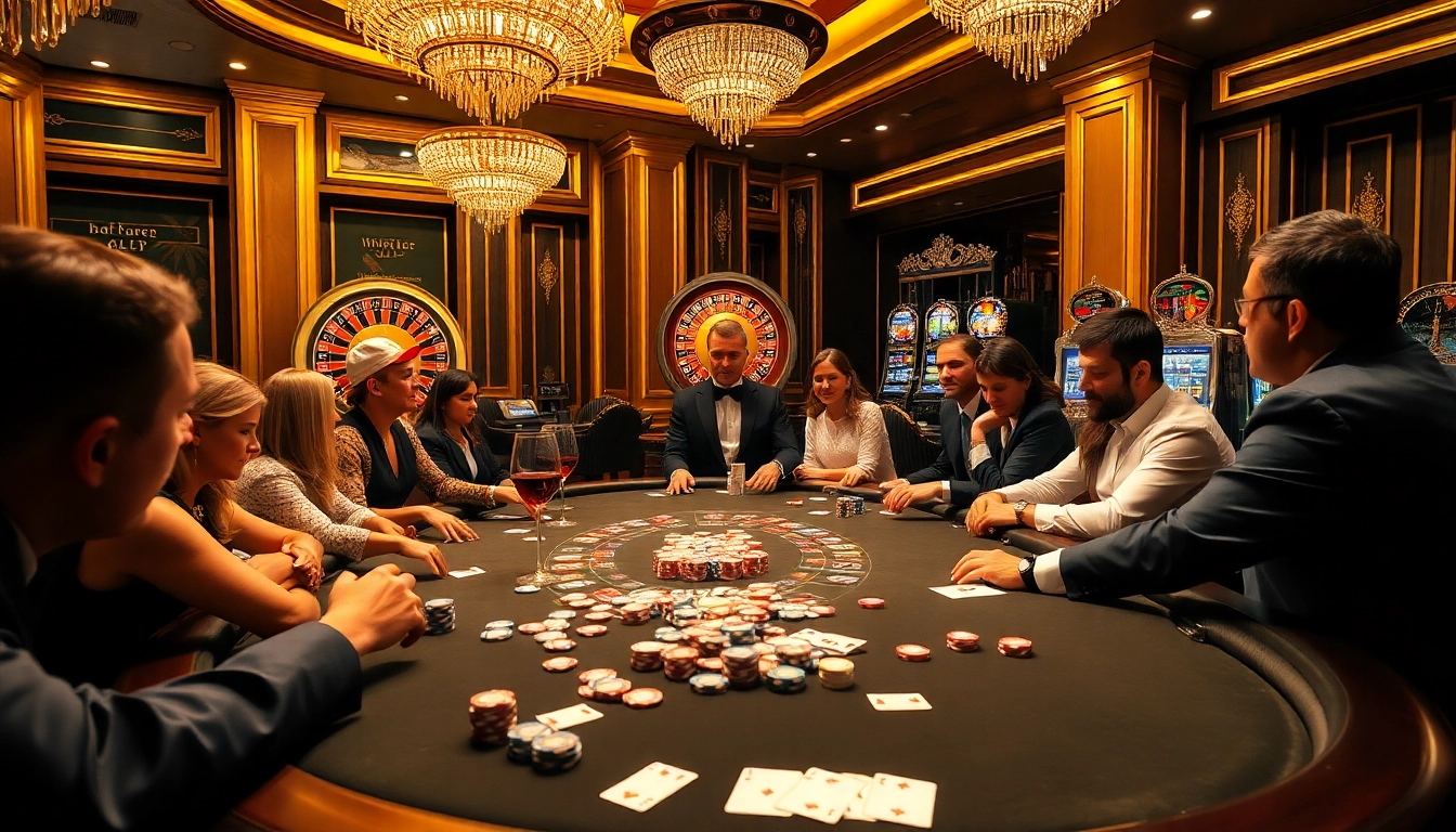 High-stakes poker table at 68VIP casino featuring eager players and vibrant atmosphere.