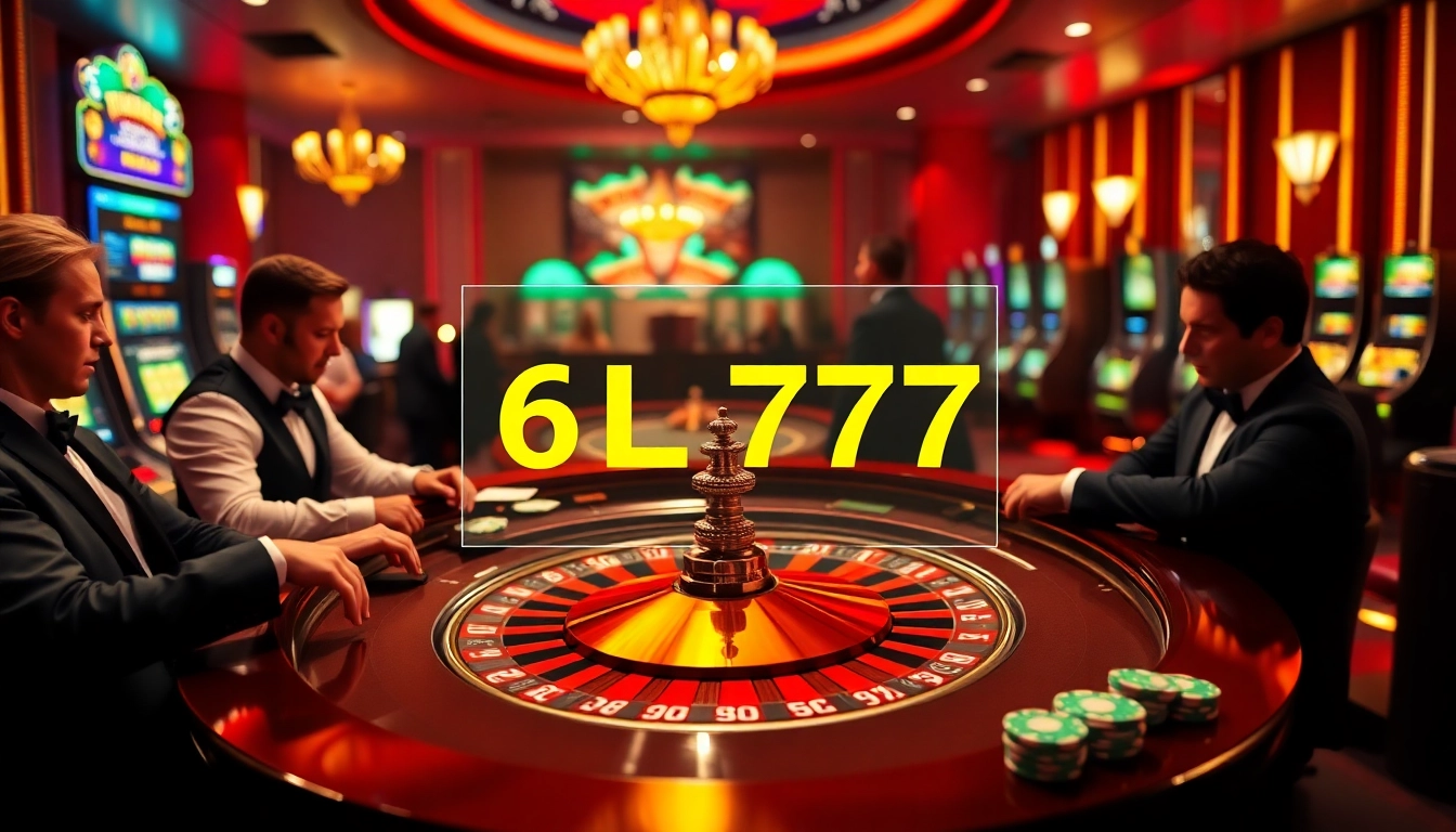 Gambling enthusiasts enjoy the thrill of 6L777 at a roulette table in a luxurious casino.