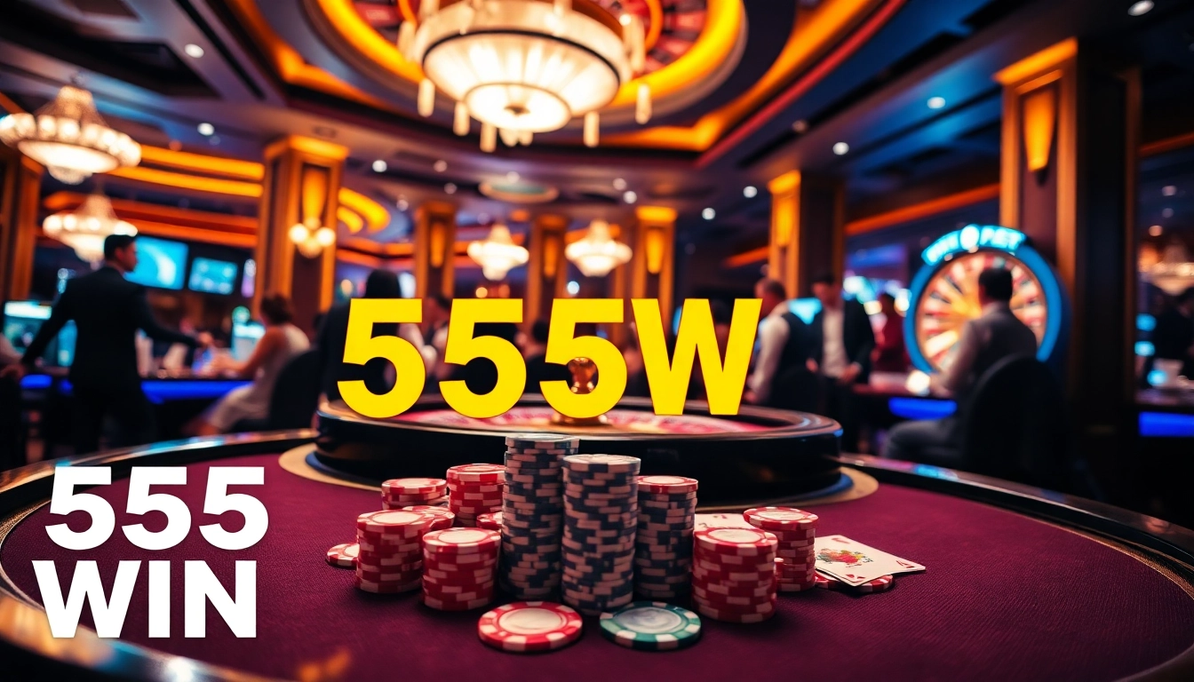 Experience exhilarating poker action at 555 win casino tables with vibrant chips and cards.