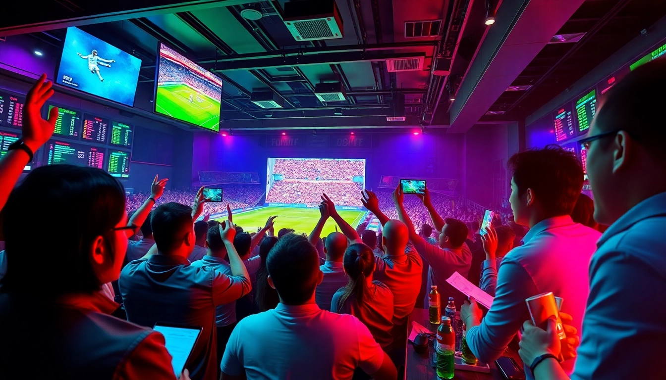 Exciting scene of trang cá cược bóng đá with enthusiastic bettors watching a football match.