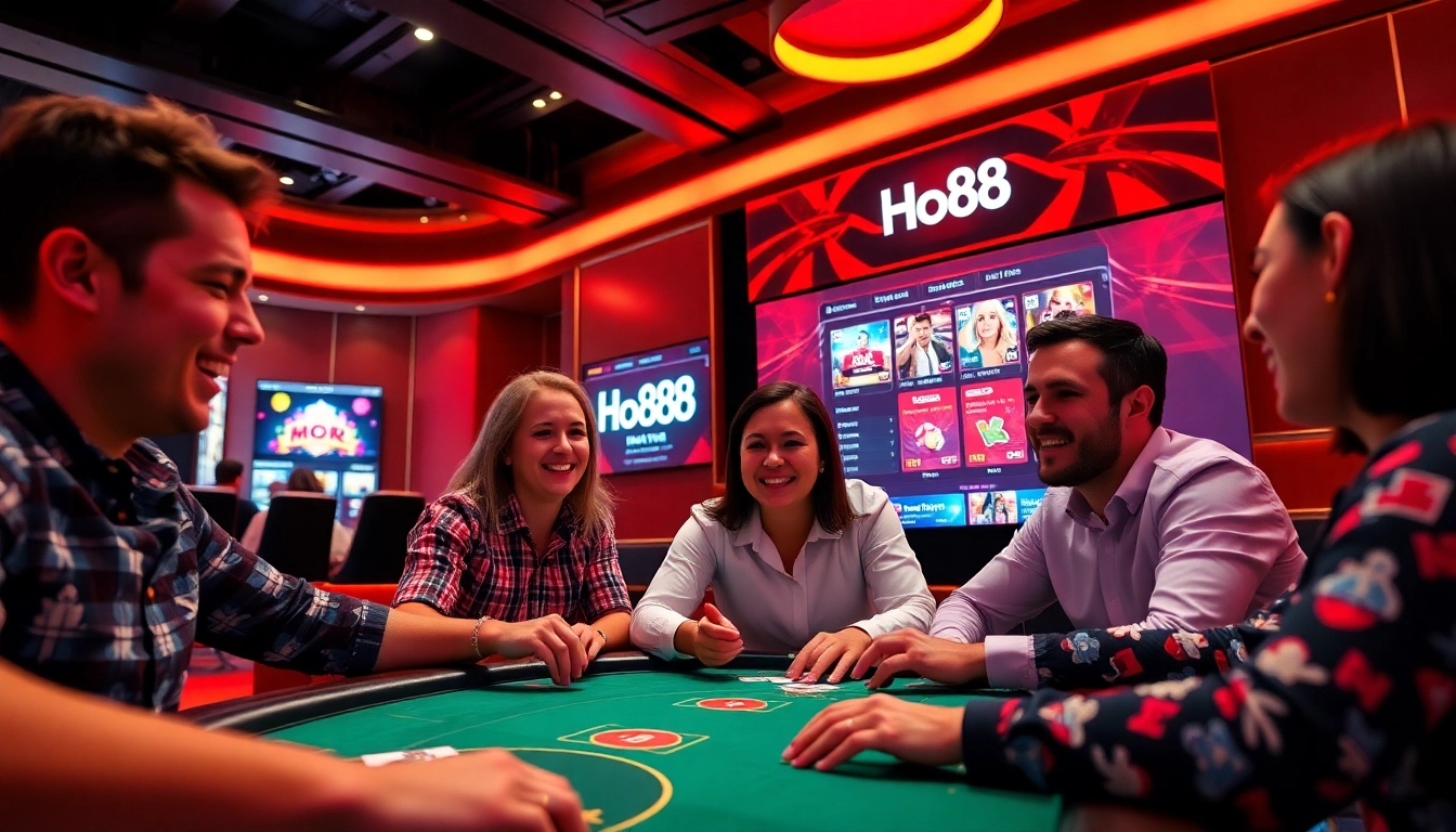 Exciting atmosphere of Ho88 online casino with players engaged in high-stakes games.