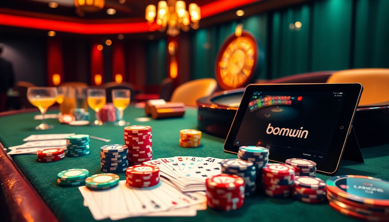 Experience the thrill of gambling with Bomwin poker chips at a luxurious casino table.