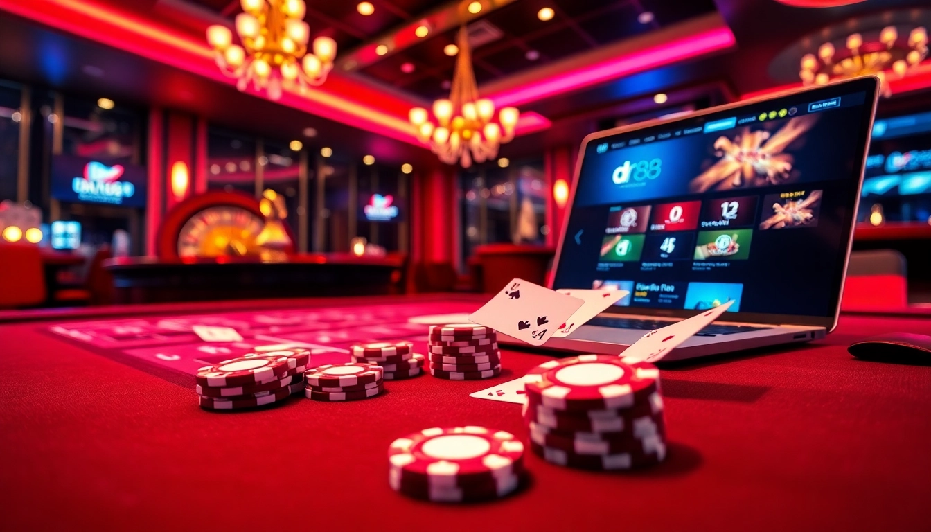 Experience the thrill of winning with DR88's exciting casino gaming atmosphere and vibrant visual elements.