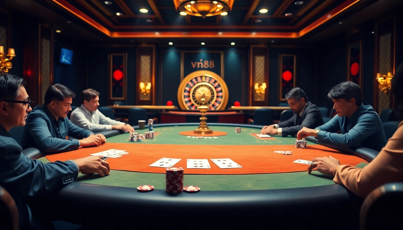 Experience the excitement of vn88 casino with players immersed in a high-stakes poker game.