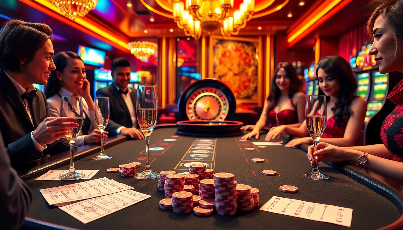 Hit club gambling excitement at a luxurious poker table with vibrant casino elements.