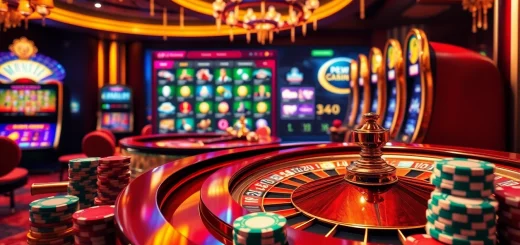 Engage with amanahtoto in a vibrant casino scene featuring roulette and slot machines.